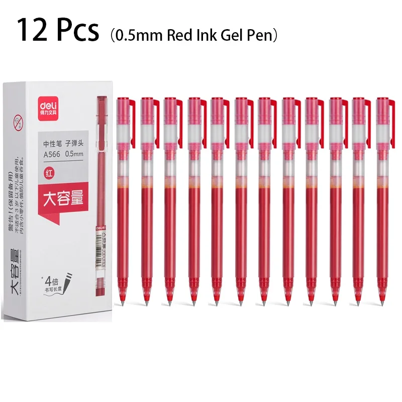 Deli 12 Pcs 0.5mm High Capacity Black Red Ink Gel Pen Signing Pen High-quality Pen Office Pen School Supplies Stationery