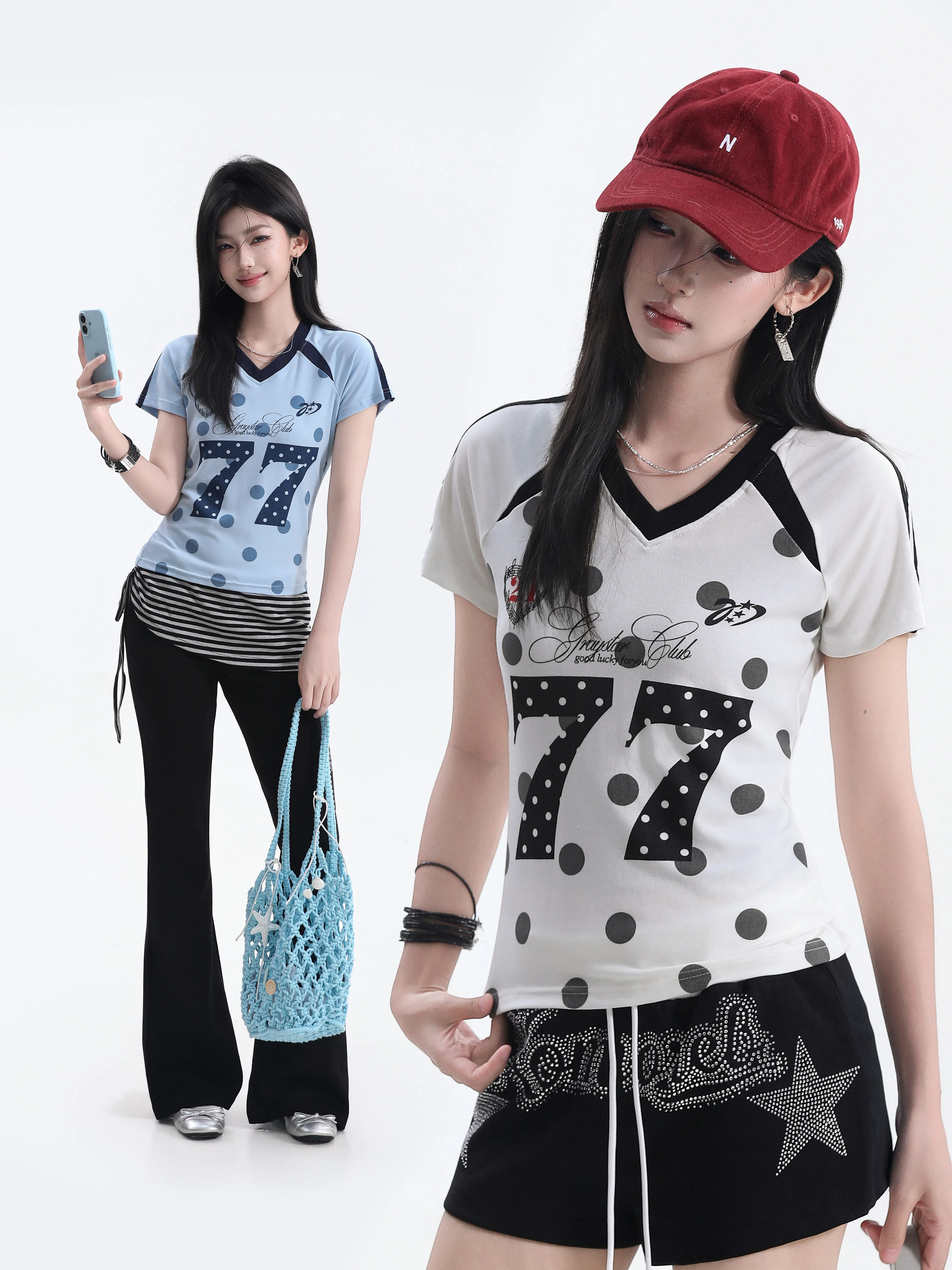 Slim Fit Short Sleeve V-Neck T-Shirt Women's Color Block INS Waist-Cinching Ball Shirt American Polka Dot Digitals Casual Style
