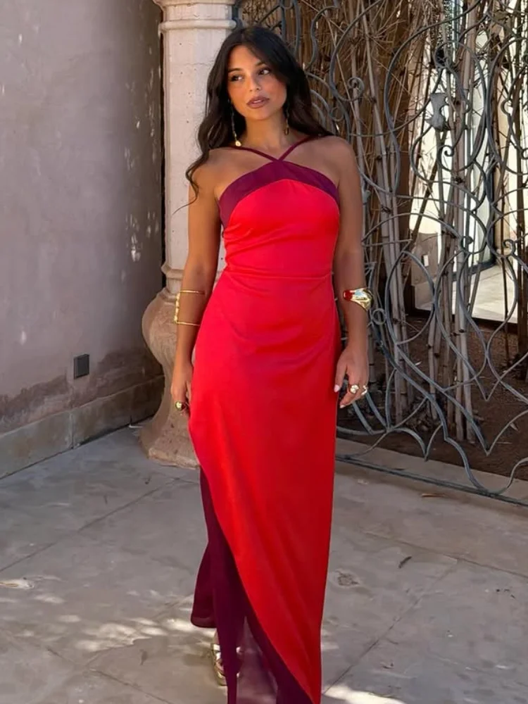 Sexy Color Blocking Halter Maxi ﻿Women Dresses Elegant Backless Off shoulder Sleeveless Slim Gowns 2026 New Lady Party Vestidos image 3