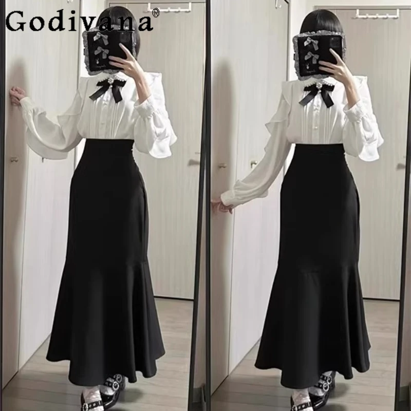 

Женская прозрачная серия, кружевная одежда, лоскутная милая блузка, облегающая юбка-русалка, костюмы в японском стиле, милый кружевной комплект для женщин