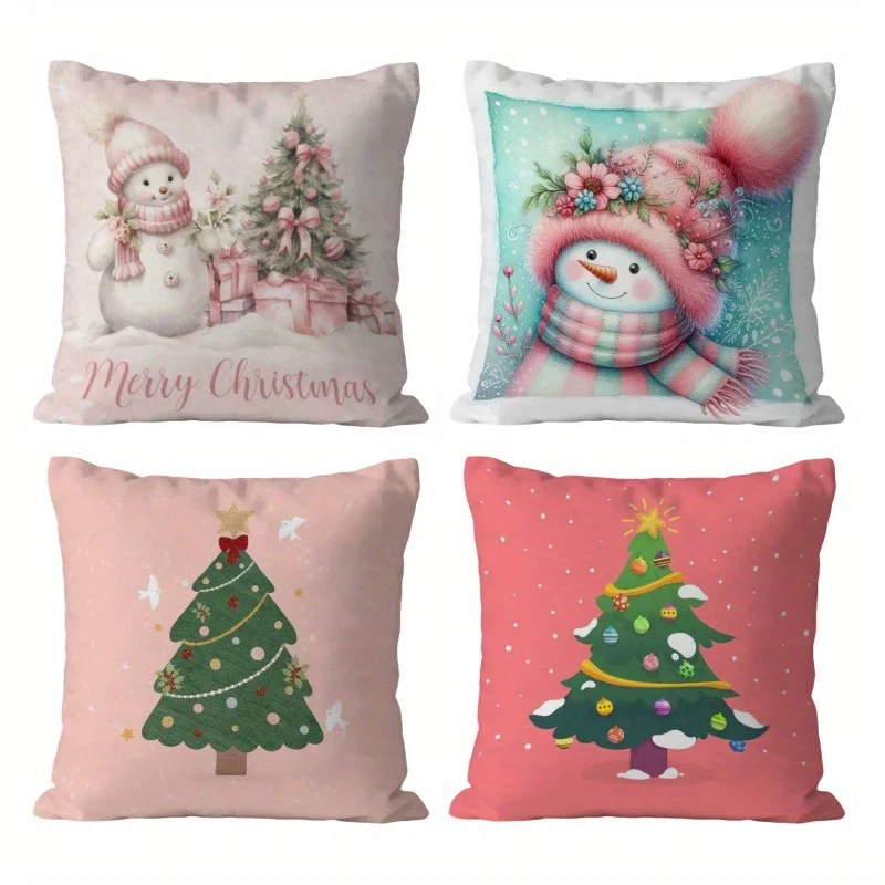 

Набор рождественских подушек из 4 предметов — мягкий светло-розовый с красочными зимними украшениями, подходящий для диванов, кроватей и гостиных.