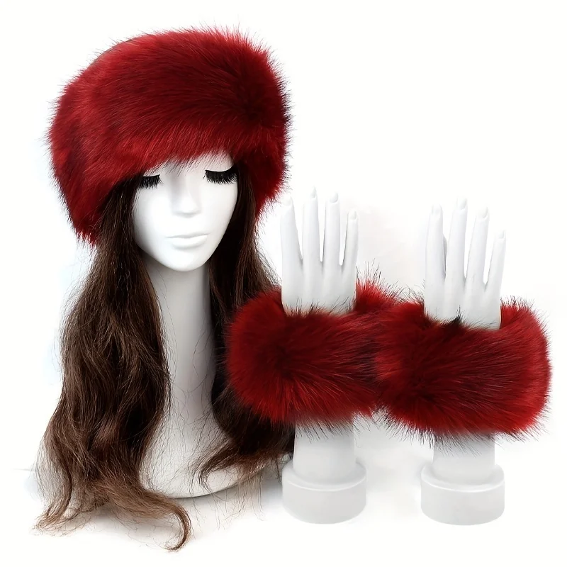 Conjunto de gorro y calentador de brazo de piel sintética, 2 uds., diadema y fundas para diadema y fundas de invierno acogedoras, accesorio de moda cálido de punto de poliéster