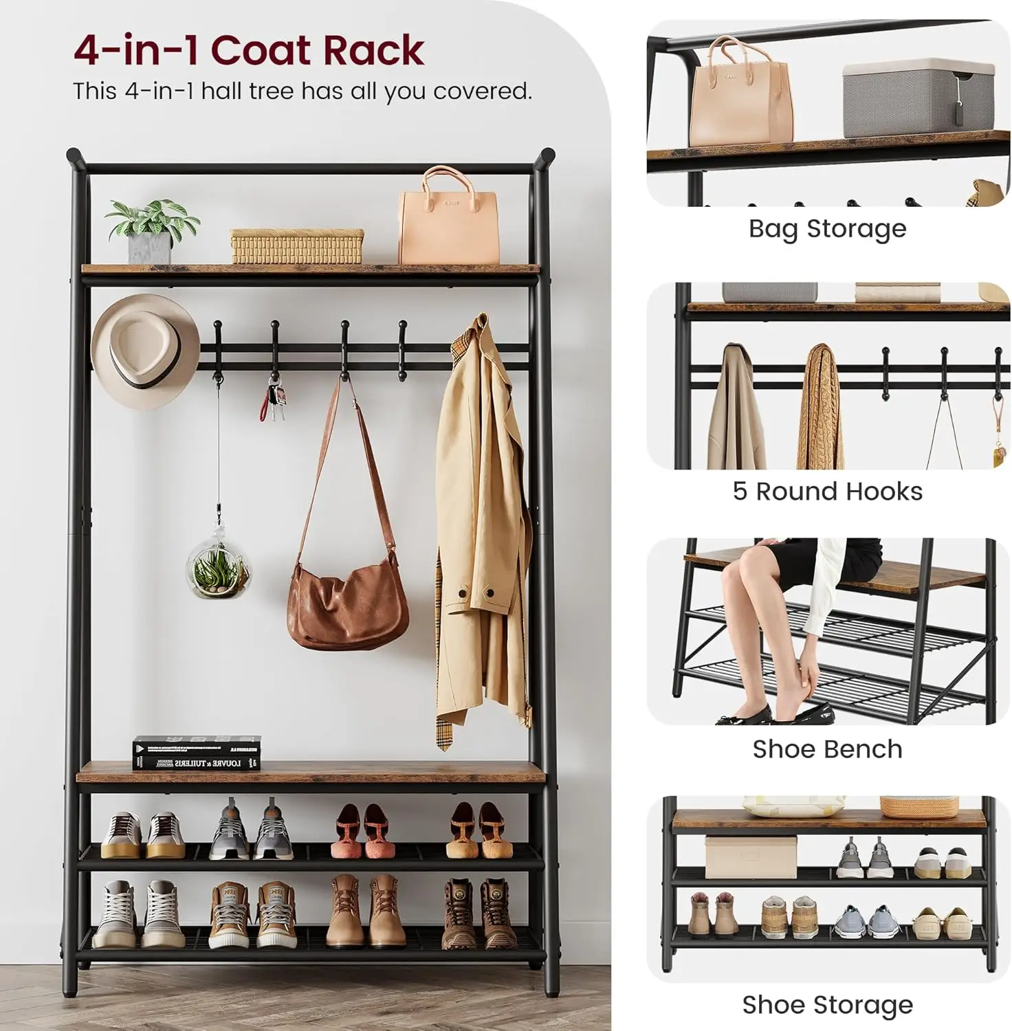 4-in-1 Coat Rack Shoe Bench - 5 Hooks & 4-Tier Storage Shelf, Metal Frame Wood Look Entryway Hall Tree, Multifunctional