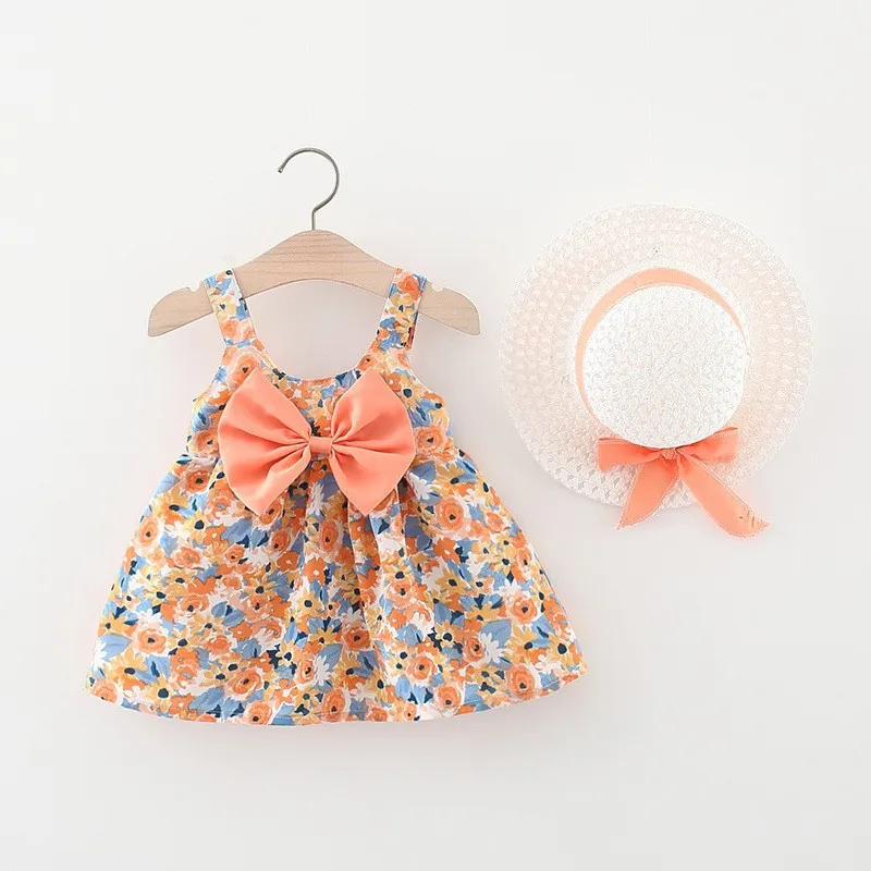 2Pcs/SetChildren\'s clothing girl\'s dress summer new Korean version suspender bow flower beach skirt with the same hat