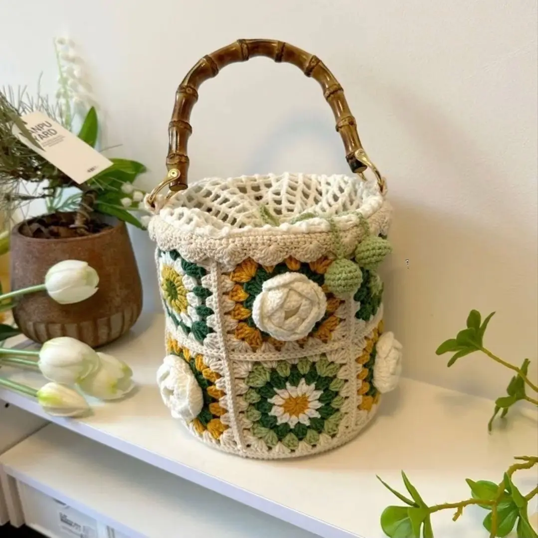 【DIY Materials Package】Camellia Bucket Bag Hand Made Woven 3d Yarn Flower Grandmother Grid Handbag Women Gift Crochet Hook Set