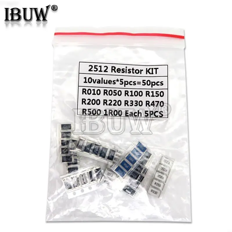

50PCS 1% 2512 SMD Resistor Samples kit 10ValueX5PCS=50pcs 1R00 R500 R470 R330 R220 R200 R150 R100 R050 R010
