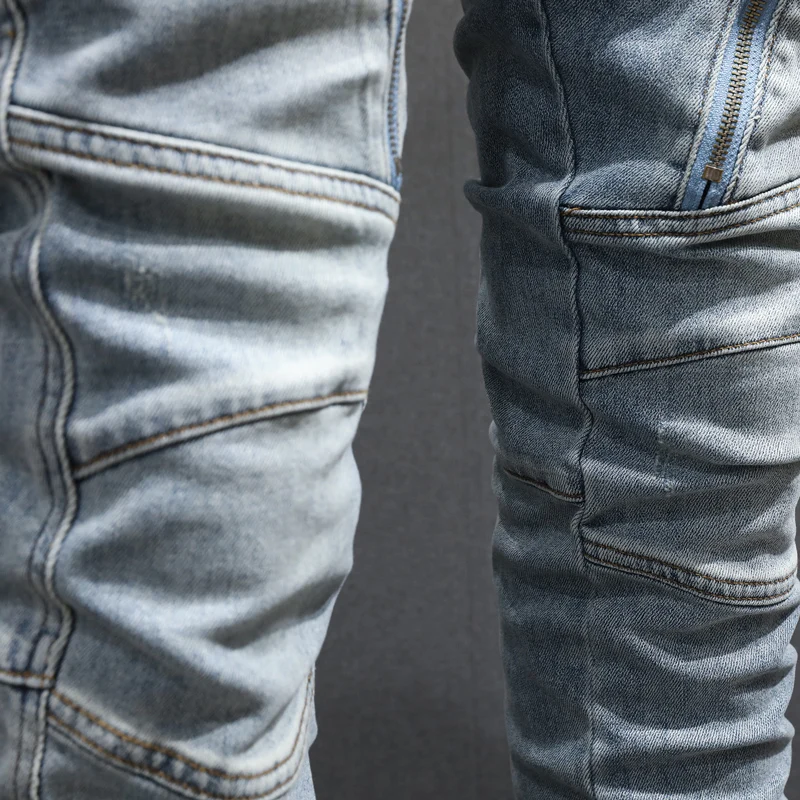 Street Fashion Men Jeans Retro Light Blue Elastic Stretch Skinny Ripped Jeans Men Spliced Patched Designer Hip Hop Pants Hombre