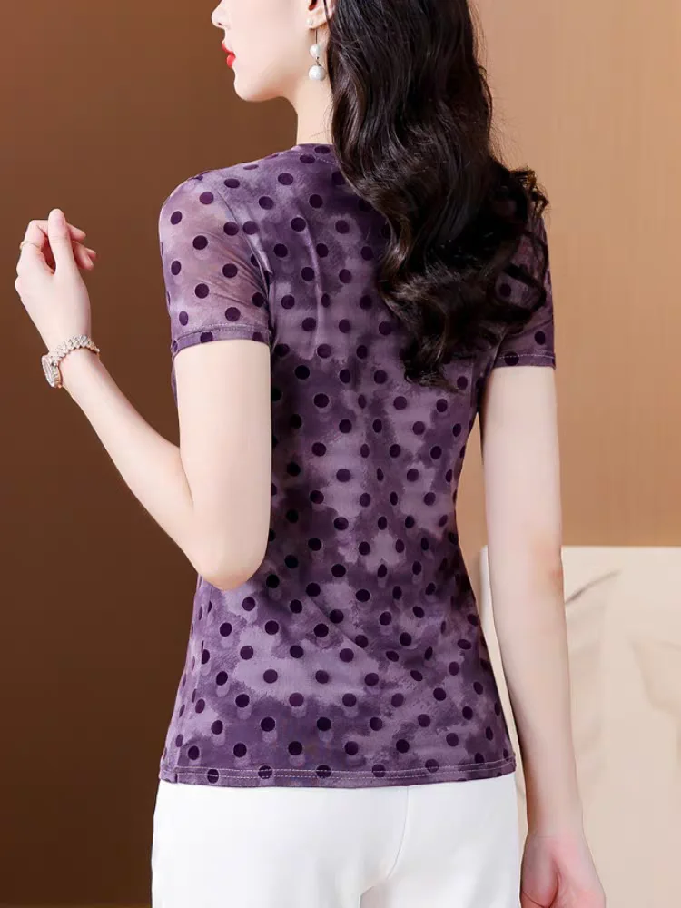 Women T-shirt Print Dot 2024 Summer Mesh Tee Round Neck Short Sleeve Casual Basic Tee Short Slim Fit Top