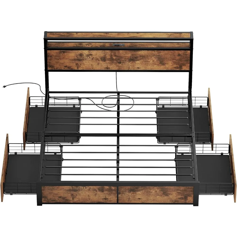 Queen Bed Frame with Storage Drawer, 2-Tier Storage Headboard with Charging Station, No Box Spring Needed, Easy Assembly,