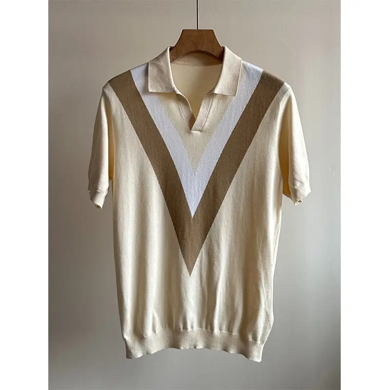 

Fashion Brand Color-blocking Knitted Short-sleeved Polo Shirt for Men's Trendy Breathable Handsome Lapel Half-sleeved T-shirt