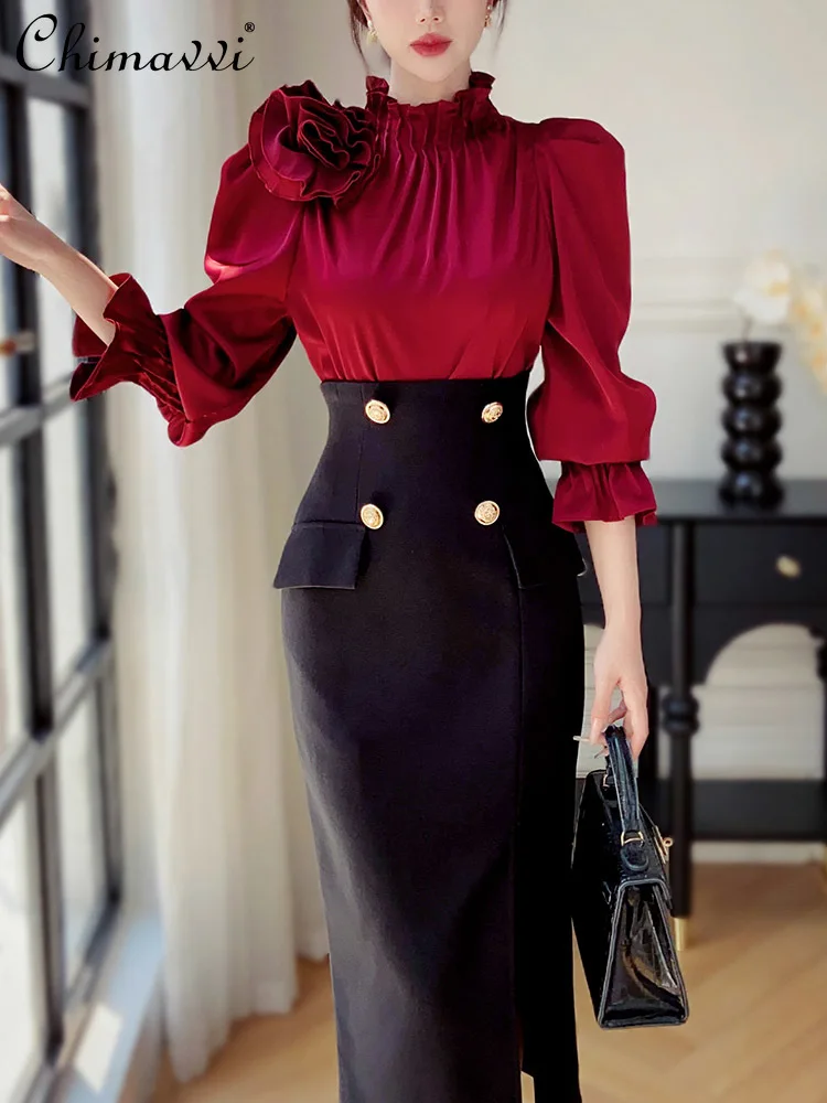 French Fashion Stand-up Collar Burgundy Shirt Top New 2024 Autumn Commuter Slim-fit Temperament Blouse Women Blusas Mujer