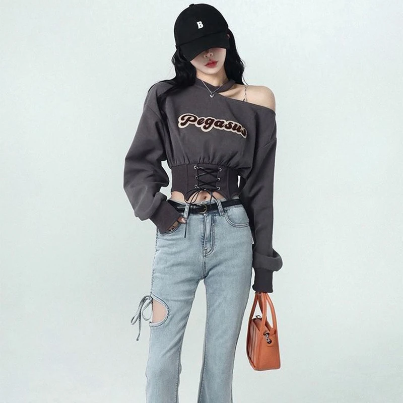 MEXZT Y2K Sweatshirt Women Sexy Off Shoulder Bandage Crop Pullover Streetwear Harajuku Print Halter Long Sleeve Casual Hoodies