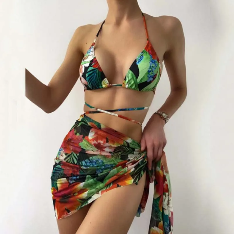 

Sexy Women Swimsuits 2022 New Summer Print Lady Beachwear High Waisted Bikinis Set Mesh Skirt Three Piece Bathing Outfits