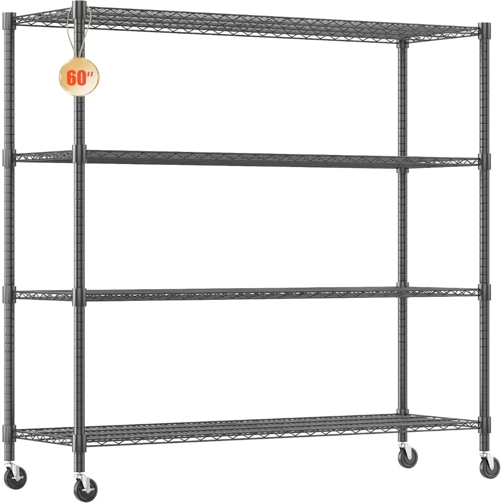 

60”W Storage Shelves, 4 Tier Heavy Duty Wire Shelving Unit with Wheels, 2400LBS Commercial Adjustable Metal Shelves for Storage