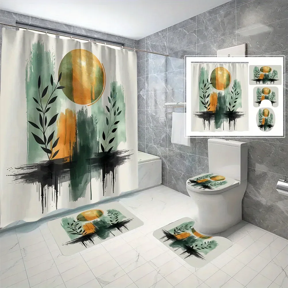 4 Pcs Boho Abstract Shower Curtain Set Waterproof Fabric Bath Curtain Sun Leaves Non-Slip Bath Mat Toilet Lid Cover Decor