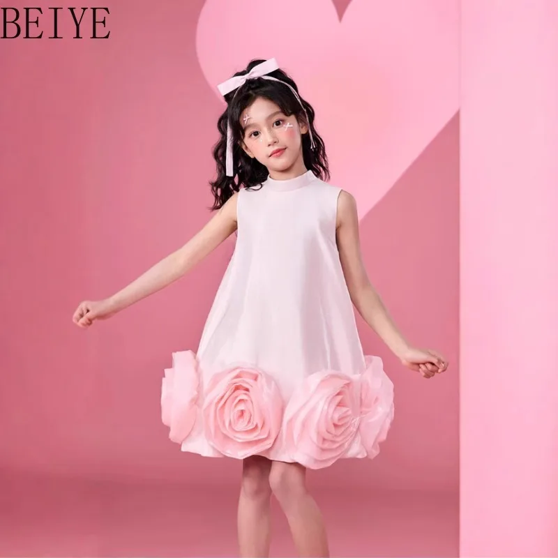 

French Hepburn Style Pink Dress for Girls Sleeveless Summer New Light Luxury Dress Children Flower Wedding Party Dress