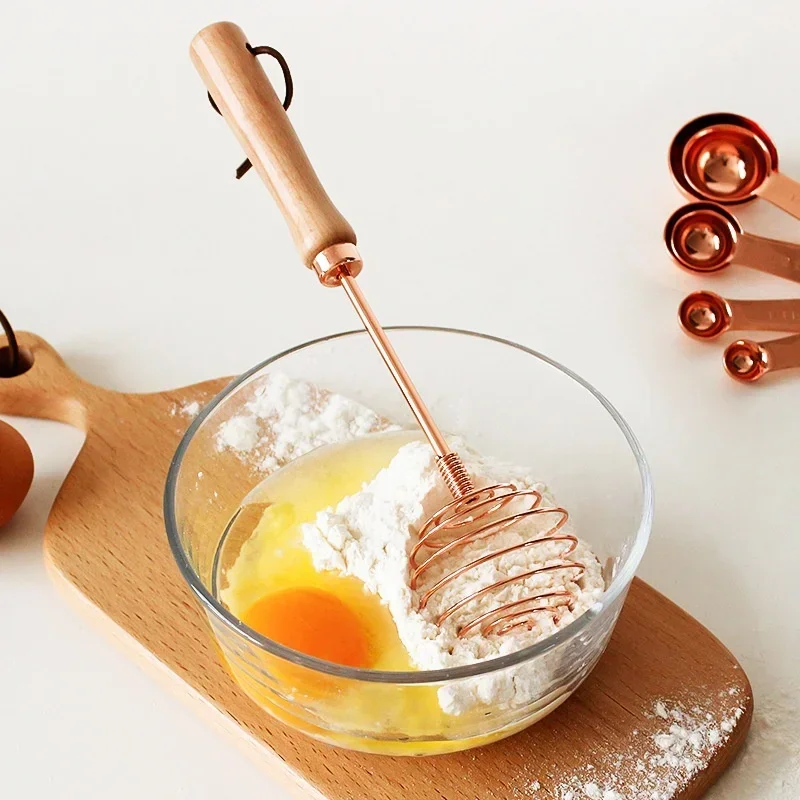 Egg Tools Kitchen Gadgets Stainless Steel Wire Rose Gold Beech Handle Spiral Whisk Cream Beater Stirrer Kitchen Tool