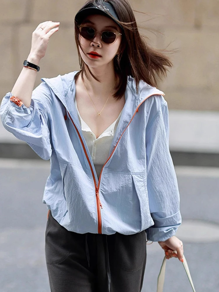 

Comfortable Loose Women's ort Outerwear Hooded Sun Protection Jaet Fall New Sle Ice Cool Top Zipper Design Commute Sle