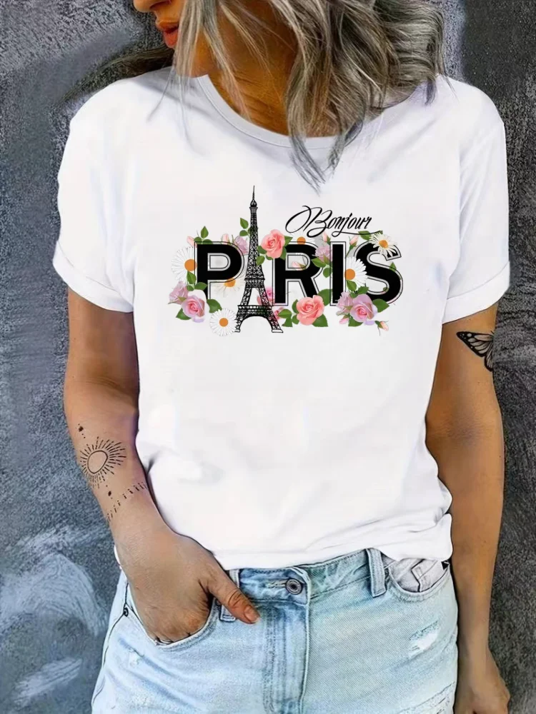 Paris Eiffel Tower Print Crew Neck T-Shirt Women Cotton Plus Size Tshirts Hip Hop Breathable Streetwear Soft Casual Short Sleeve