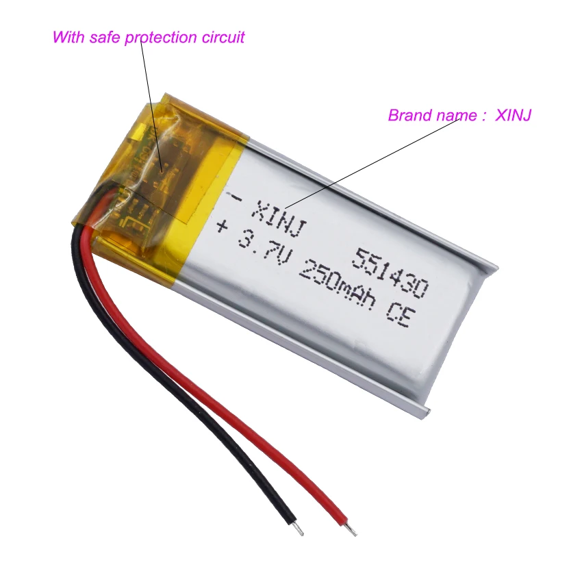 2Pcs 3.7V 250mAh 0.925Wh Rechargeable Replacement Li Lipo Battery 551430 For GPS Sat Nav MP3 MP4 Recording Pen Bluetooth Speaker