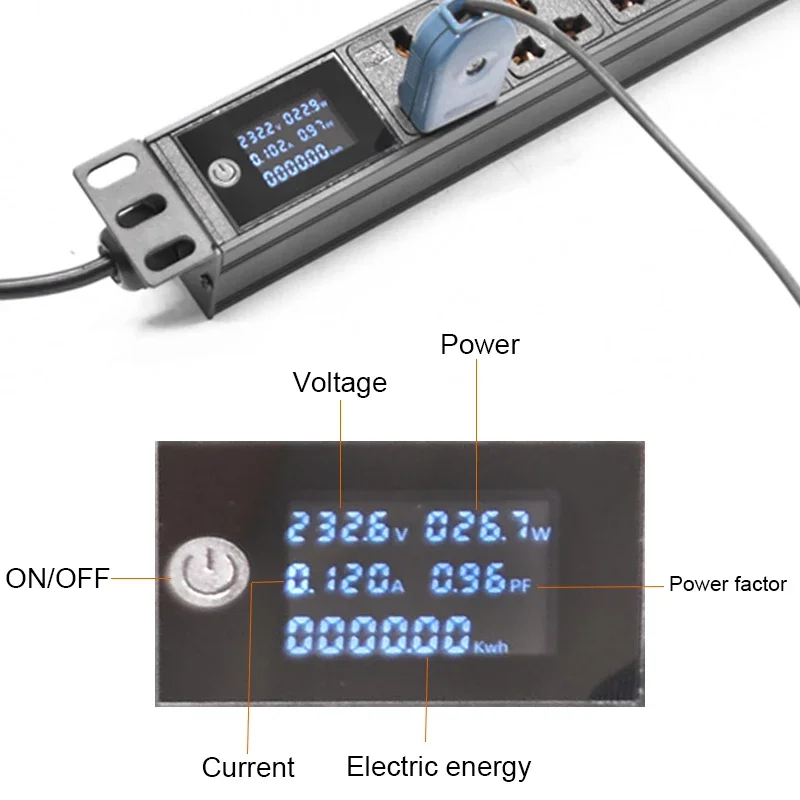 PDU Power Strip 19inch Cabinet Rack Mount  Digital Voltmeter Ammeter Wattmeter 8Ways Universal Socket Outlets 2meter Cord