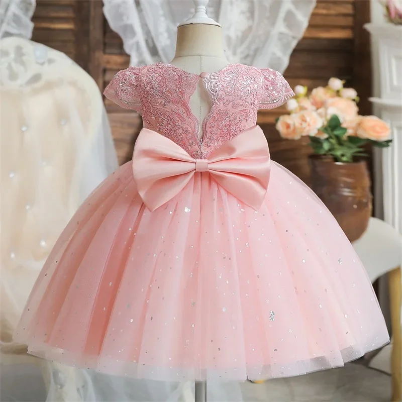 2024 Summer New Sequin Big Bow Baby Girl Dress 1st Birthday Party Dress Toddler Kids Princess Wedding Evening Dress Baby Clothes