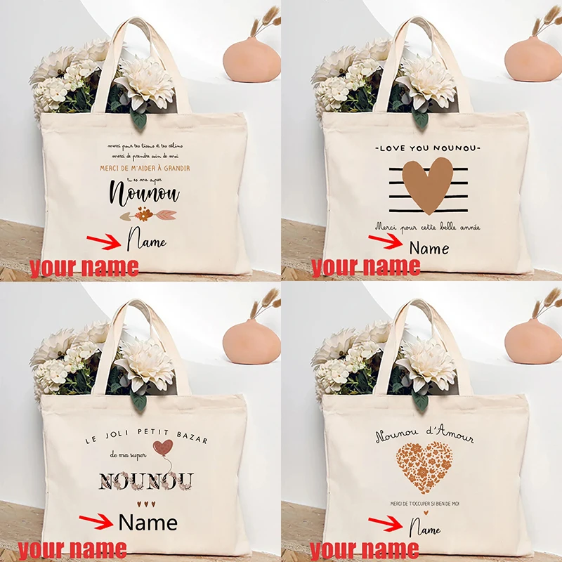 

Thank Nounou Customized Name Handbag Tote Bag Organizer Reusable Shopping Bags Travel Storage Shoulder Bag Love You Nanny Gifts