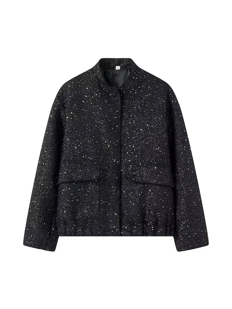 TRAF 2024 Autumn Women\'s Sequined Bomber Jacket Fall New Round Neck Long Sleeve Pocket Sequins Jacket Coat Female Chic Outerwear