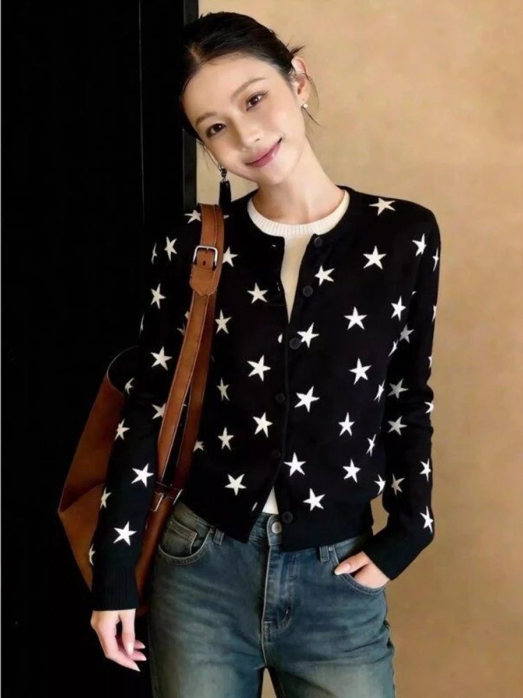 Vintage Black White Star Pattern Knitted Cardigan For Women Long Sleeve Crew Neck Slim Fit Cropped Sweater Coat Daily Outfit