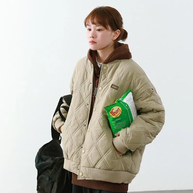 Autumn and winter short coat women's diamond lattice loose hip-hop stand-up collar solid color casual street cotton coat women