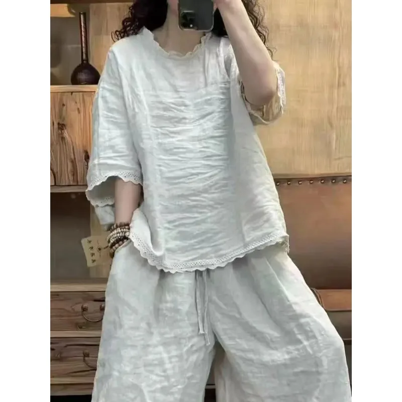 

Casual Retro Style Linen T-Shirt Women's Loose Fit Summer Versatile Ladies Shirt Top Batwing Sleeve round Neck Short Sleeve