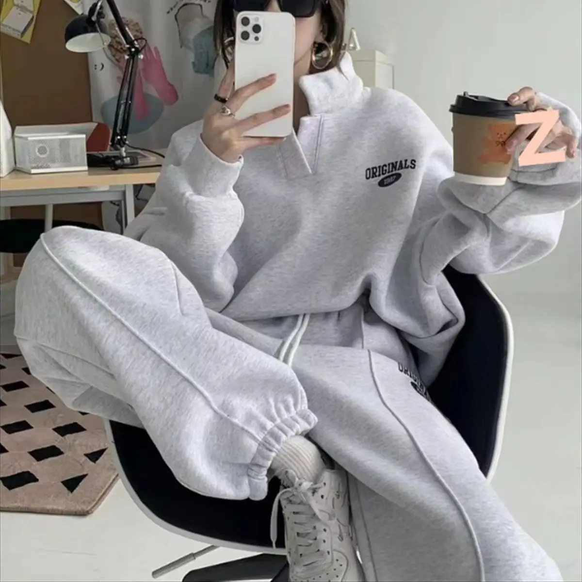 Autumn Winter Fashion Hoodie Set Women 2026 Stand Neck Long Sleeve Top Elastic Waist Pant Female Chic Street Clothes Sport 2PCS