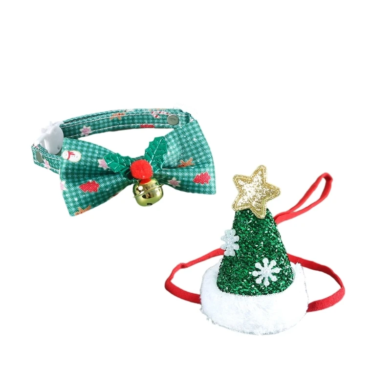 Sequined Dog Bowtie and Santa Hat Set for Christmas Party Dressingup Costume Festival Theme Headwear for Small Cats Dog