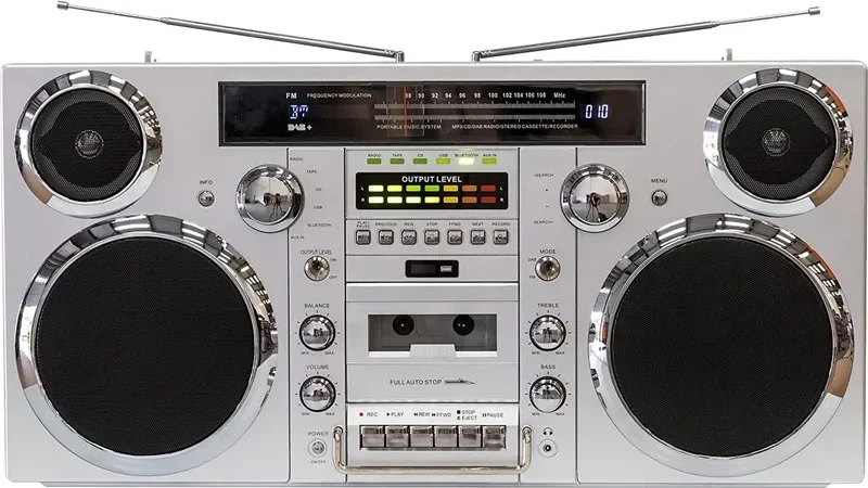 -Style Portable Boombox - CD Player, Cassette Player, FM Radio, USB, Wireless Bluetooth Speaker - Silver