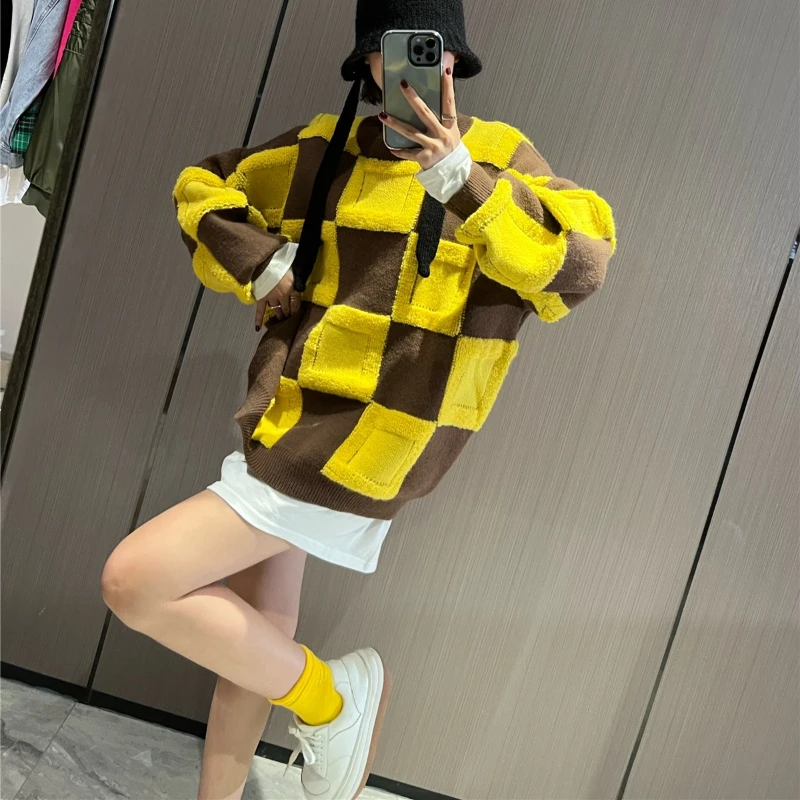 Plaid Loose Pullovers Women Thicker Knitting Korean Style All-match Autumn Winter Fashion Soft O-neck Streetwear Casual Y2k Top