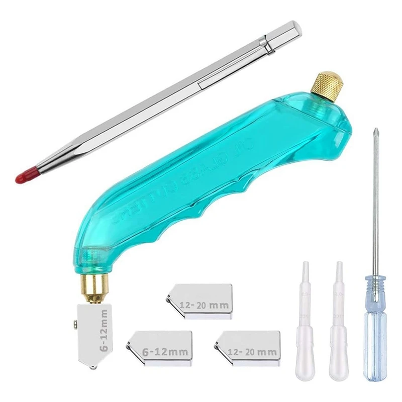 Glass Cutting Tool Kit Includes Blue Oil Feed Glass Cutter With 3 Extra Replacement Head(6Mm-12Mm,12Mm-20Mm) Durable Easy To Use