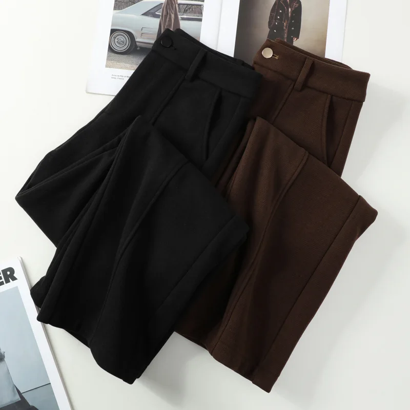 سروال بدلة صوف للنساء والشتاء، سروال أنيق من الأرز الدبق، مبطن بالصوف دافئ ضيق مستقيم-