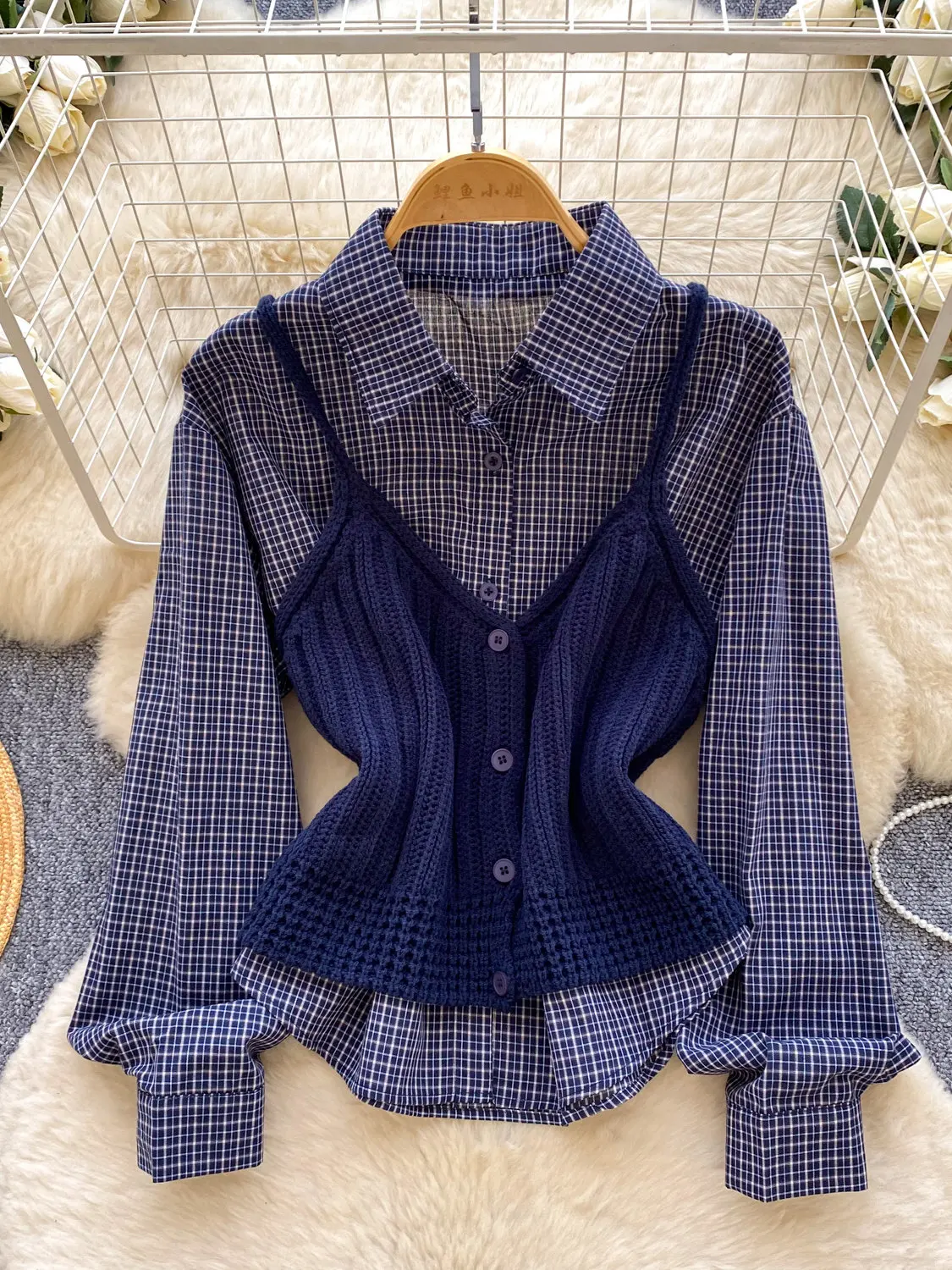College Plaid Shirt Knitted Vest Two-piece Set Women's Spring and Autumn Casual Long Sleeve Plaid Shirts Suits - view 4