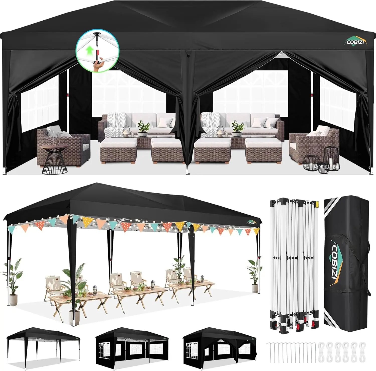 

10x20 Canopy Tents for Parties 10x20ft Easy Setup Pop up Tents with Sidewalls & One Push Lock Waterproof Outdoor Large Shelte