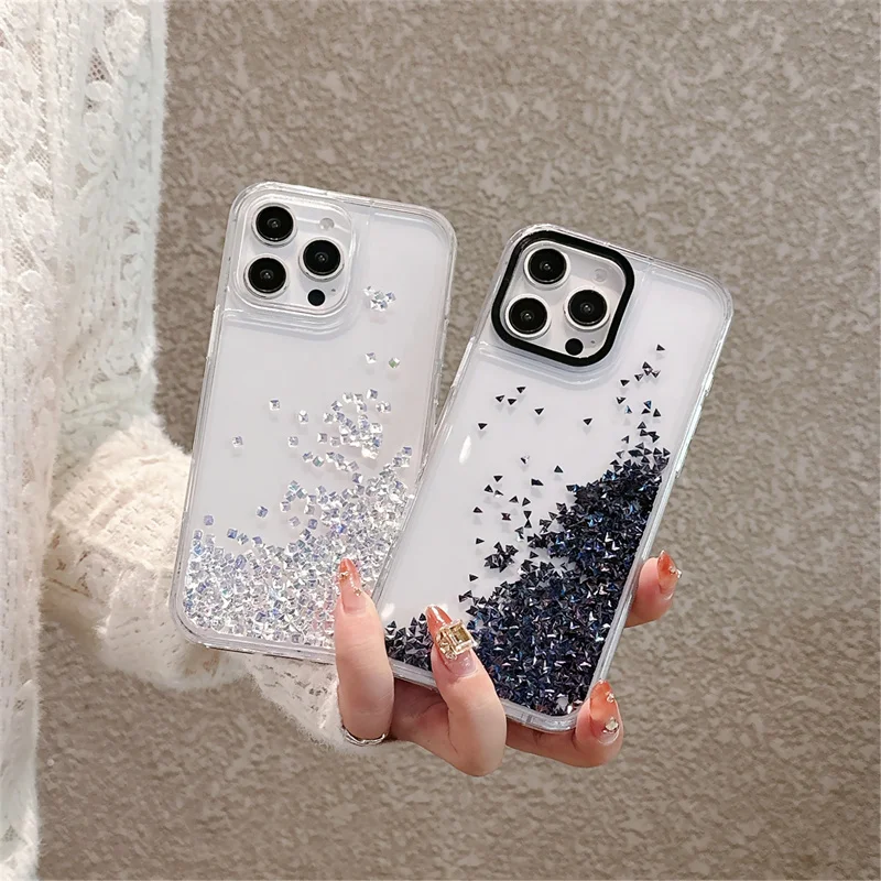 

Luxury Glitter Quicksand Phone Case for iPhone 16 15 Pro Max Rhinestone Hard Back Cover Liquid Clear Shell Shiny Sparkles Fundas
