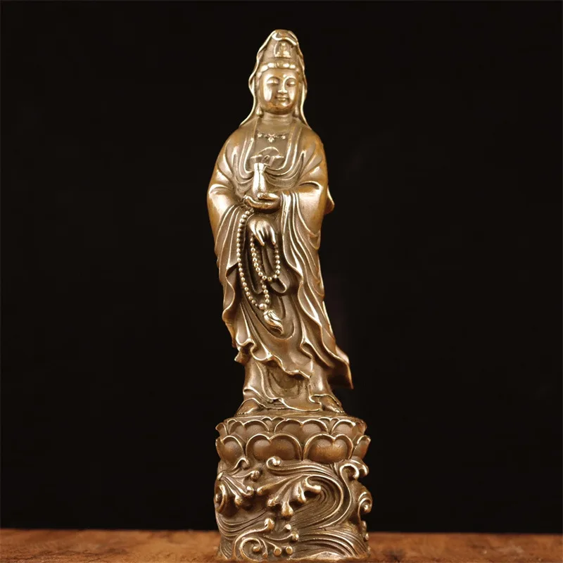 

Antique Copper Color Guanyin Bodhisattva Statue Ornament Retro Yellow Brass Nanhai Guanyin Standing Statue Home Worship Copper S