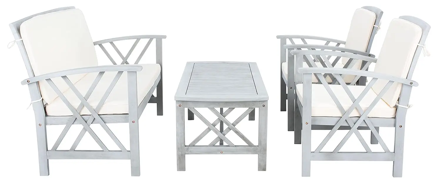 #Outdoor Collection Fontana Grey Wash/ Beige 4-Piece Conversation Patio Set with Cushions, Customized
