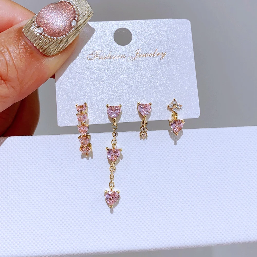 New In 4pcs/set Mix and Match Heart Stud Earrings for Women Girls Gold Color Pink Cubic Zircon Jewelry