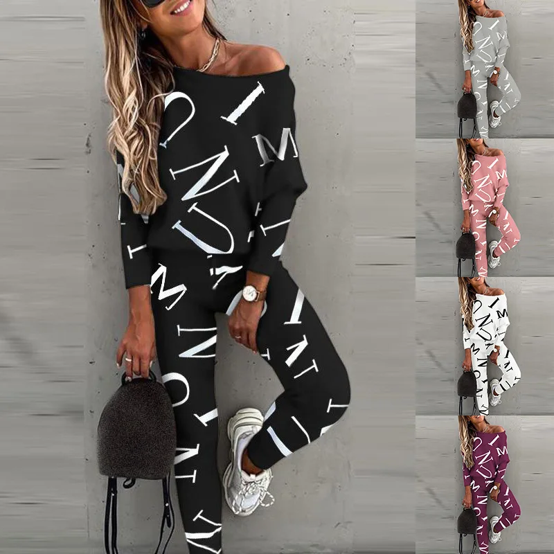 2026 Spring Women's Casual 2-piece Set O-neck Long-sleeved Top Elastic Waist Small Feet Pants Letter Printing Street Suit