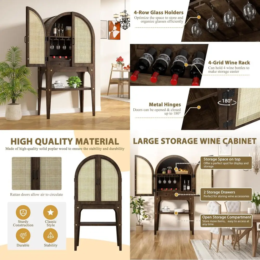 

Solid Wood Arched Wine Cabinet with Storage, 64” Tall Bar Cabinet with Glass Holders and Wine Racks, Liquor Cabinet with Doors f