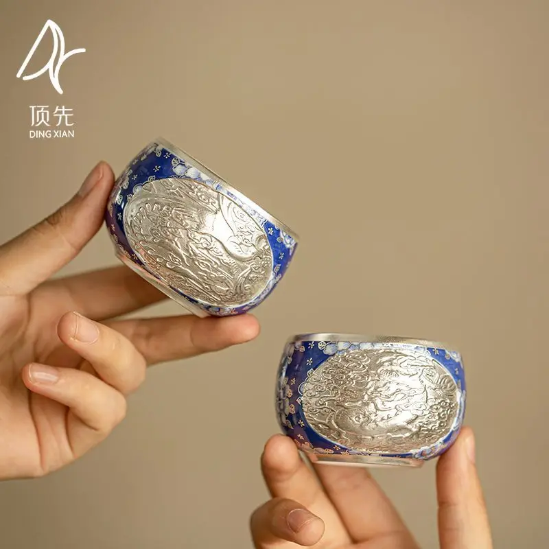 set-da-te-in-ceramica-vintage-con-design-drago-e-fenice-blu-e-bianco-in-argento-puro-999-per-uso-domestico