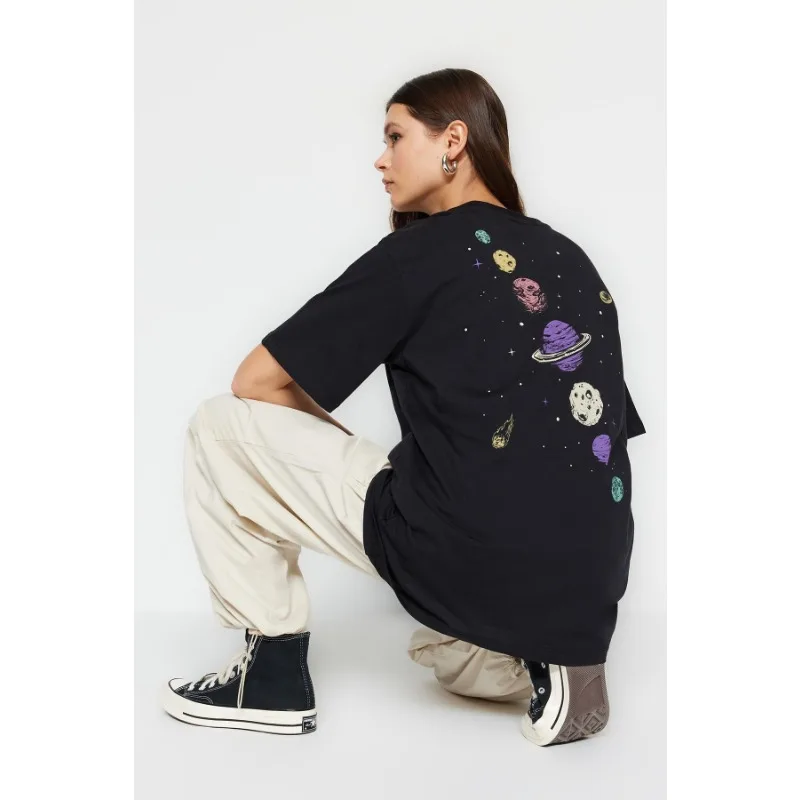 2026 Summer Women Moon Planet Print Fashion Tee Shirts Casual Round Neck Short Sleeve Streetwear Female T-Shirt Vintage Tops