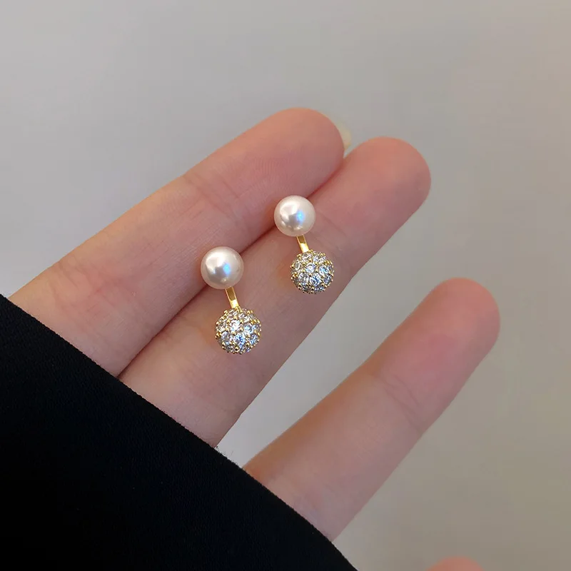 2023 Trend Elegant Imitation Pearls Full Zircon Ball Stud Earrings for Women Fashion Earring Jewelry Gifts Wholesale