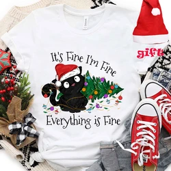 Funny Cat Its Fine I'm Fine Everything Is Fine Women T-Shirt Christmas Lights Party Tops Female Clothing with Christmas Hats