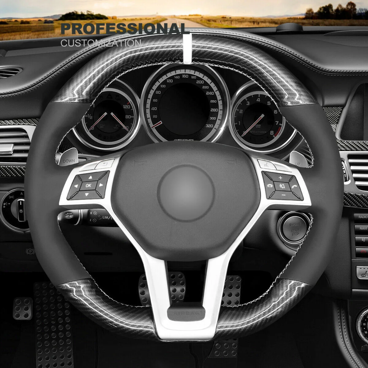 

DIY Hand Stitch Black Suede Carbon Fiber Steering Wheel Cover For Benz C63 C117 C218 R231 W204 Car Accessories